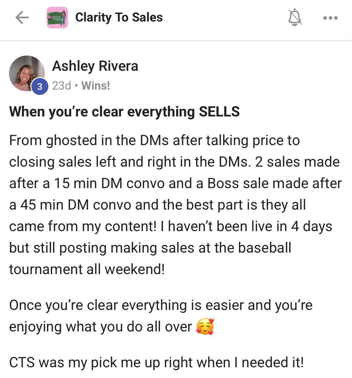 Testimonial from Ashley Rivera about Clarity to Sales