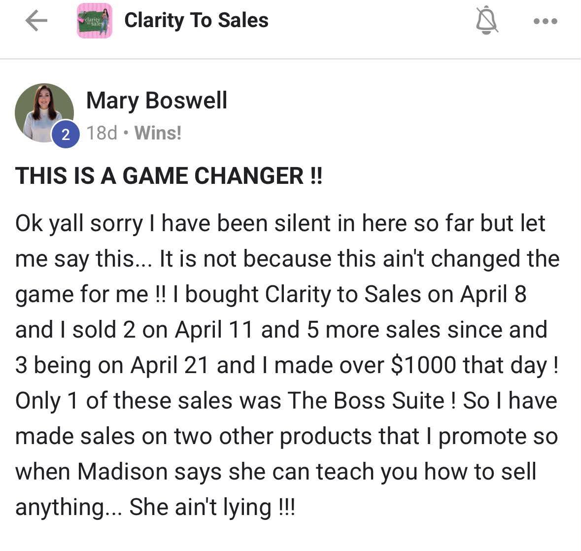 Testimonial from Mary Boswell about Clarity to Sales